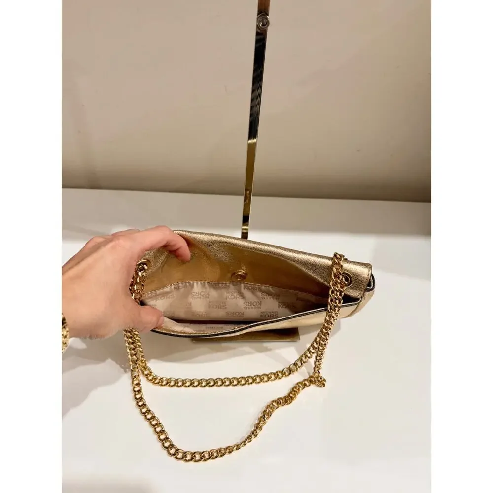 Michael Kors Jet Set Chain Strap Metallic Leather Shoulder Flap Clutch Bag Gold - Picture 11 of 11